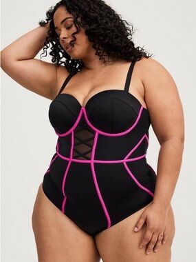 Black One-Piece Swimsuit with Pink Trim